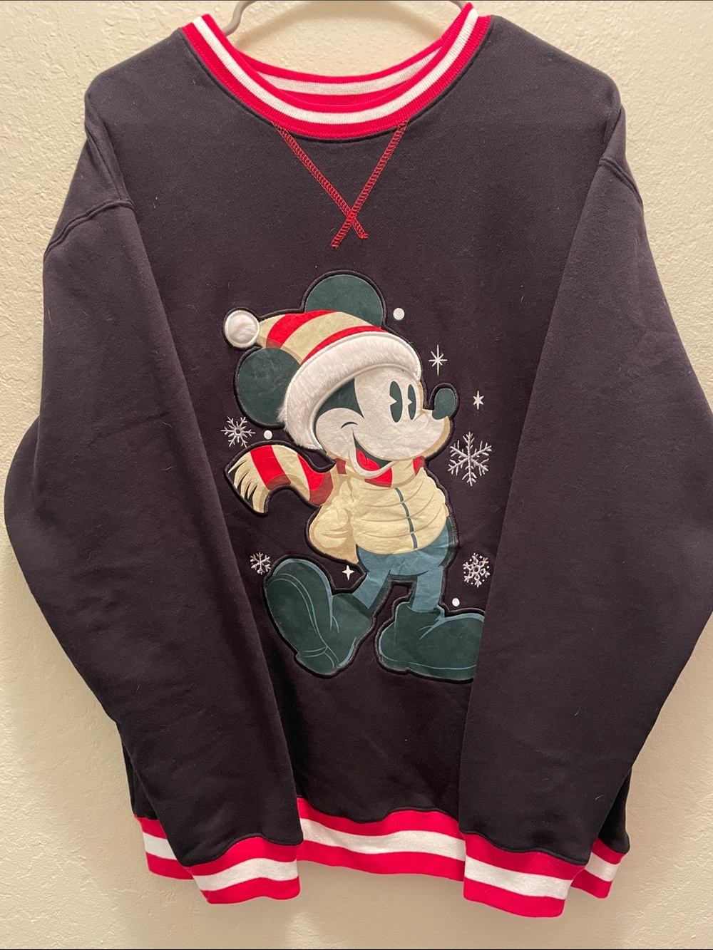 Disney Black Crewneck Sweater with Red and White Striped Trim